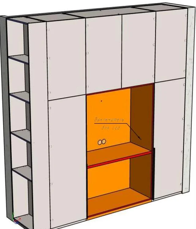 3D-рендер корпусного шкафа с открытой нишей и LED-подсветкой, серые фасады